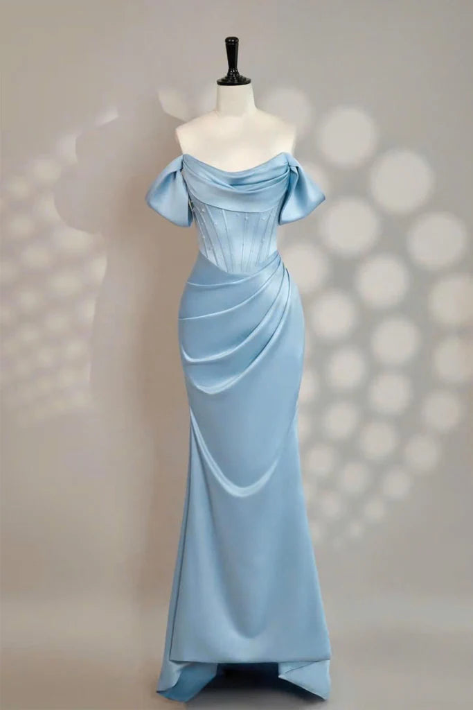 Elegant satin mermaid off the shoulder cowl neck floor length evening dress with beaded corset bodice, draped skirt, oversized bow back and lace up detail