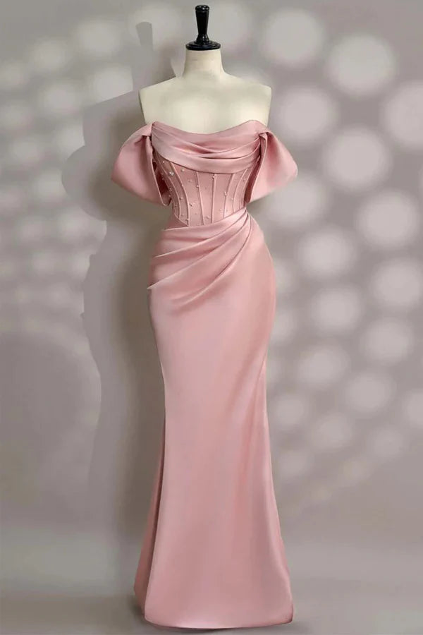 Elegant satin mermaid off the shoulder cowl neck floor length evening dress with beaded corset bodice, draped skirt, oversized bow back and lace up detail