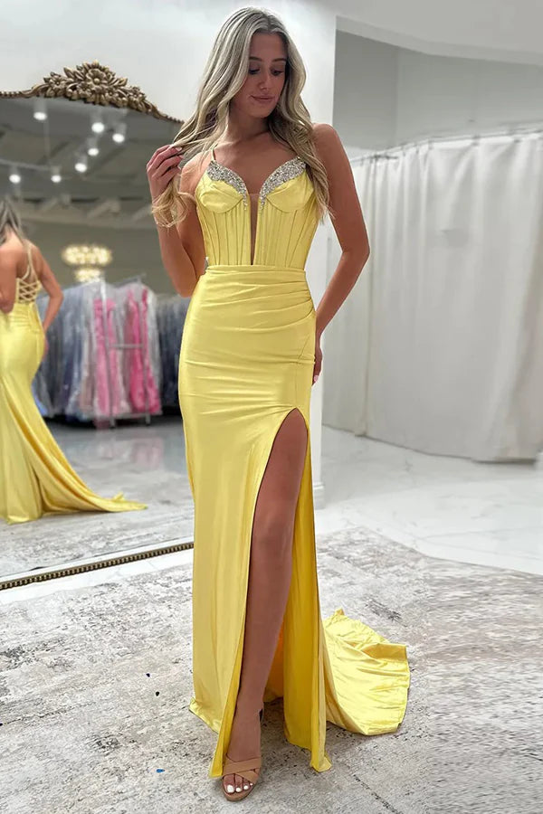 Elegant spaghetti strap satin evening dress with beaded corset bodice, ruched waist, high slit and train