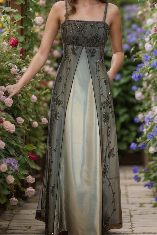 Embroidered Tulle Prom Dress with Spaghetti Straps, Open Back and Flowing Skirt
