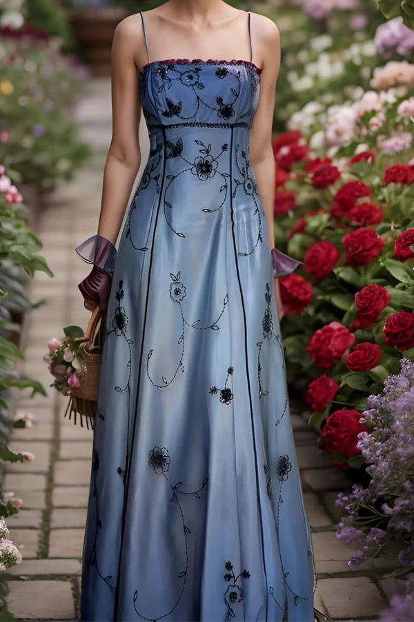 Embroidered Tulle Prom Dress with Spaghetti Straps, Open Back and Flowing Skirt