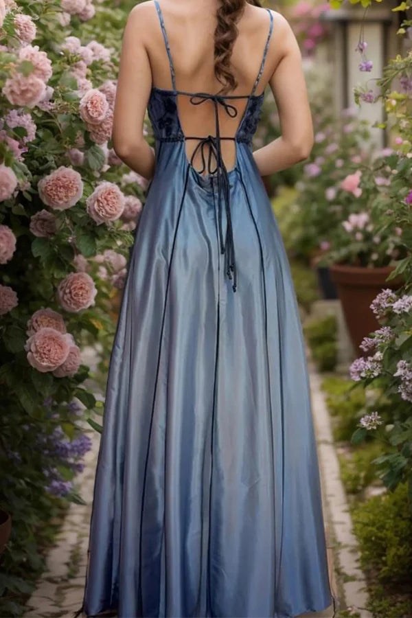 Embroidered Tulle Prom Dress with Spaghetti Straps, Open Back and Flowing Skirt