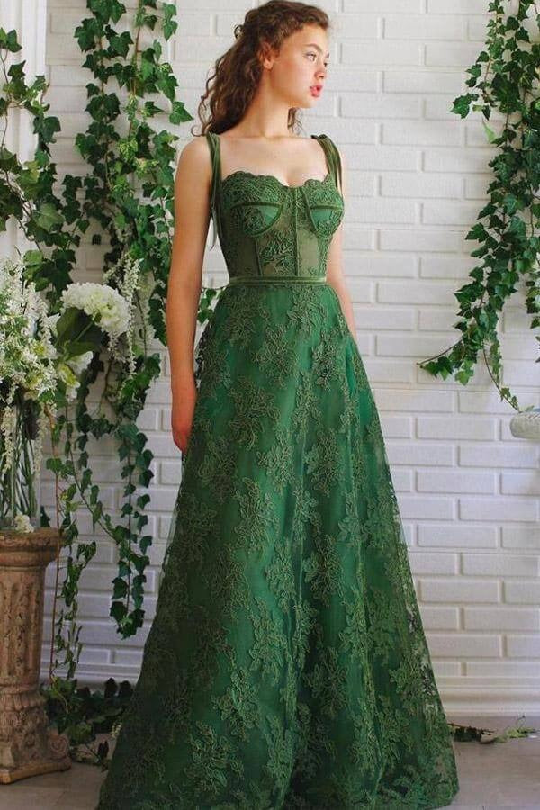 Emerald Green Floral Lace Tulle Gown with Velvet Straps and Corset Bodice