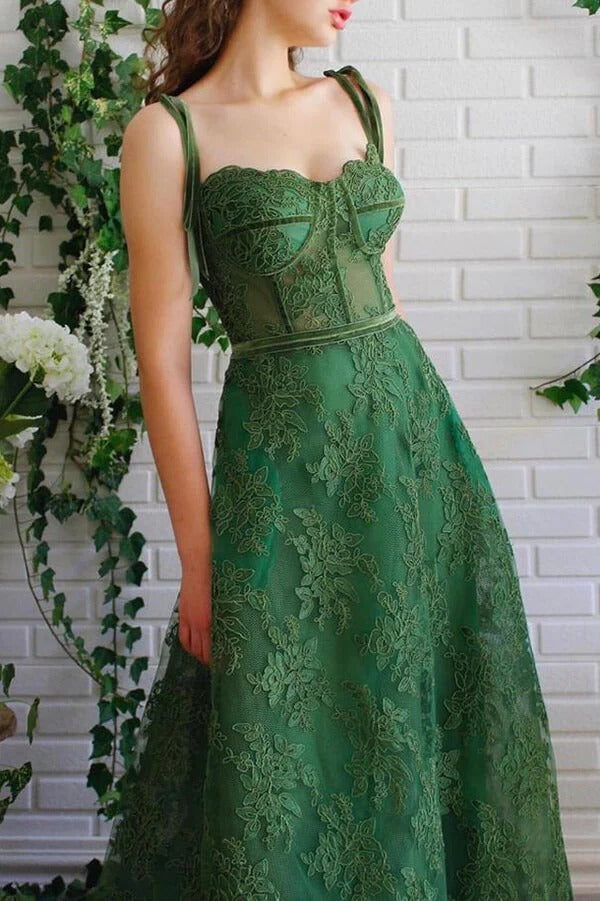 Emerald Green Floral Lace Tulle Gown with Velvet Straps and Corset Bodice