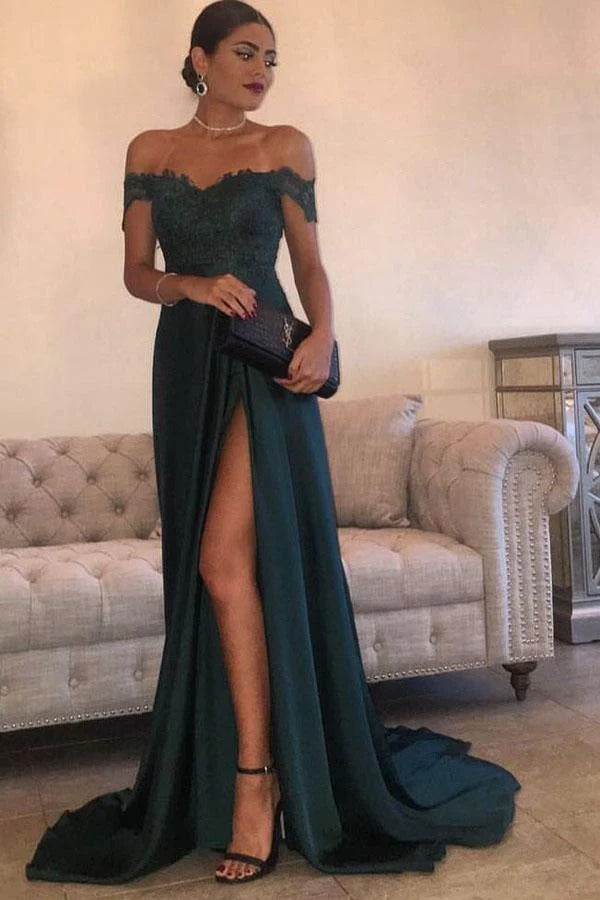 Emerald Green Off-The-Shoulder Sweetheart Lace Satin Mermaid Maxi Gown with Train