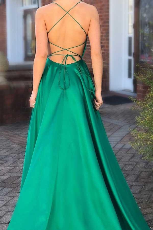 Emerald Green Spaghetti Strap Square Neck Open Back Satin A-Line Prom Maxi Gown with Slit, Train & Pockets