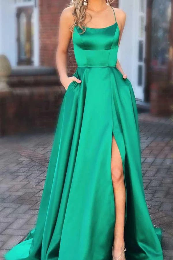 Emerald Green Spaghetti Strap Square Neck Open Back Satin A-Line Prom Maxi Gown with Slit, Train & Pockets