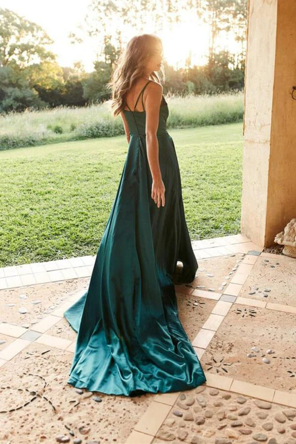 Emerald Green V-Neck Satin A-Line Maxi Dress with Slit & Train