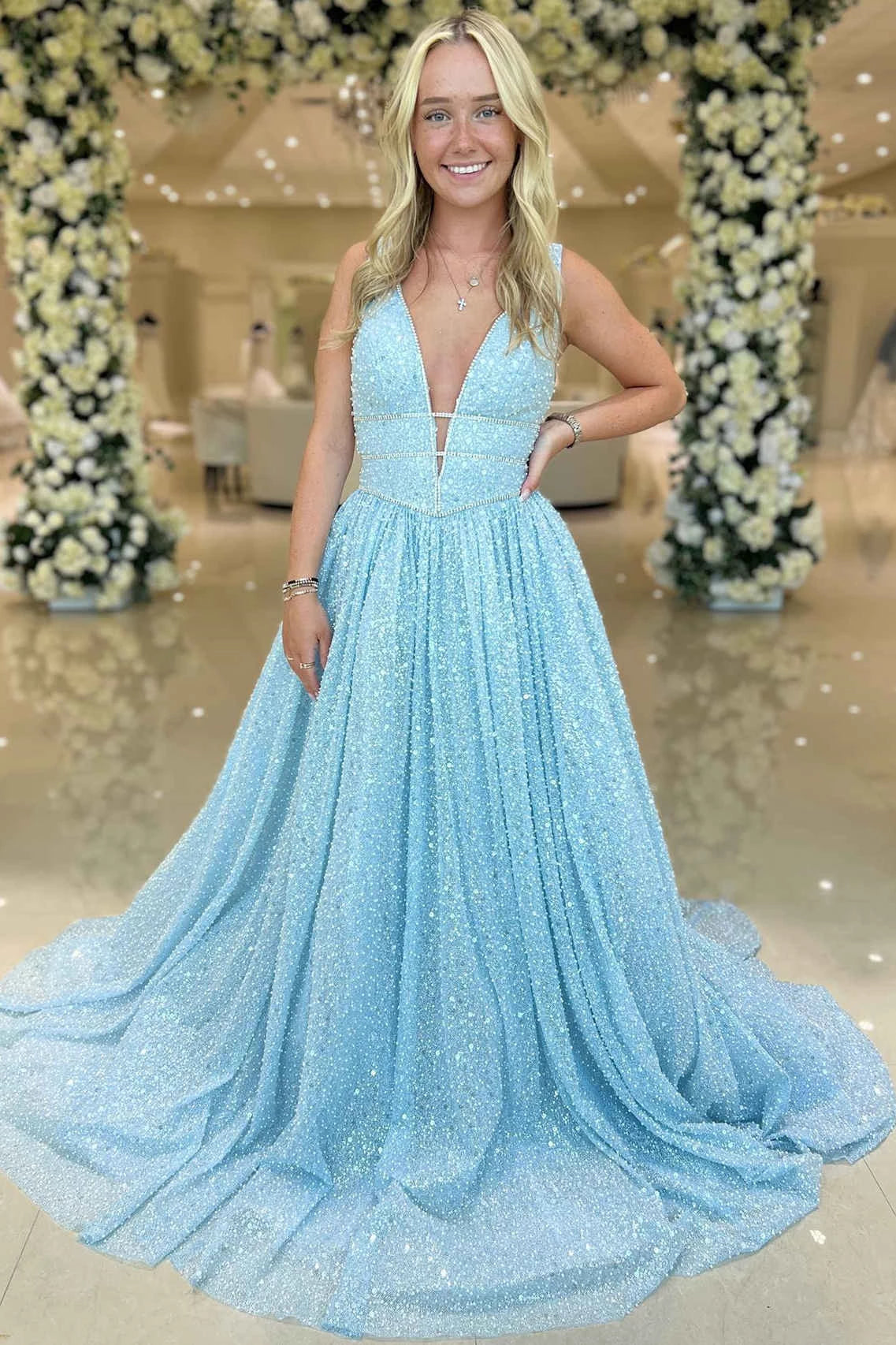 Enchanting A-Line V-Neck Sleeveless Keyhole Floor-Length Prom Dress