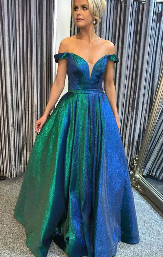 Enchanting Off-the-Shoulder Sweetheart Iridescent Ball Gown Prom Dress with Floor-Length Train