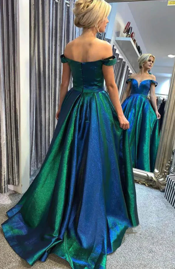 Enchanting Off-the-Shoulder Sweetheart Iridescent Ball Gown Prom Dress with Floor-Length Train