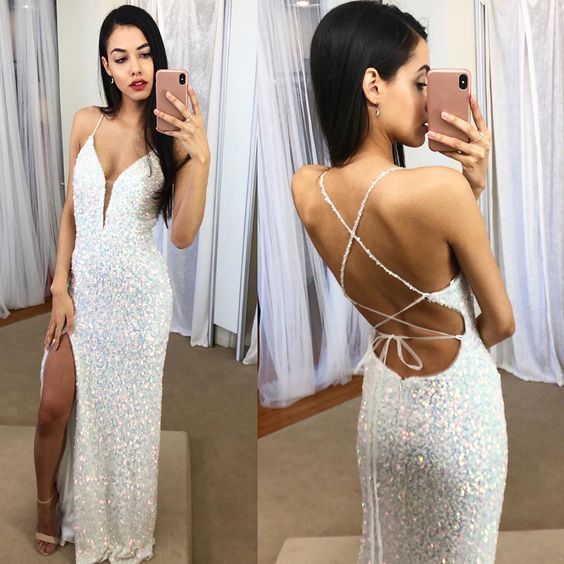 Enchanting Plunging V-Neck Iridescent Sequin Evening Dress with Crisscross Lace-Up Open Back, High Thigh Slit & Body-Skimming Floor-Length Hem
