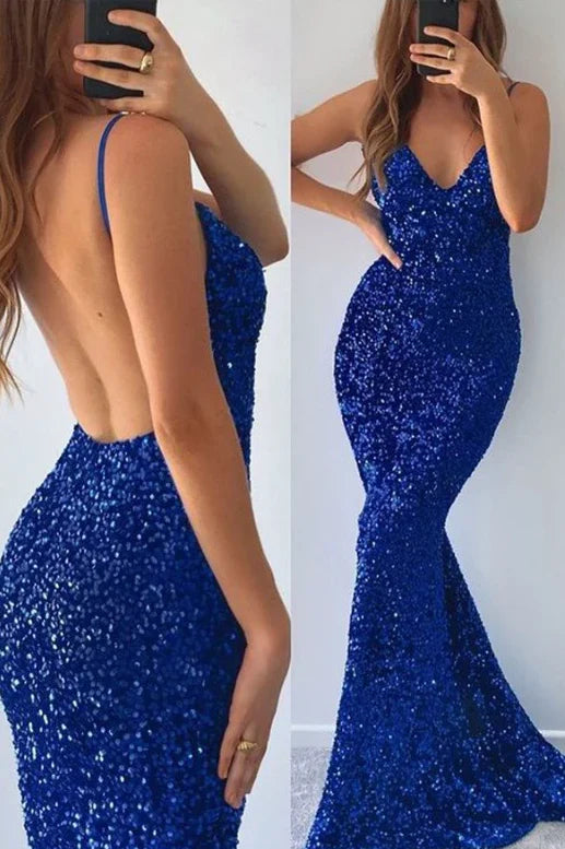 Enchanting Plunging V-Neck Royal Blue Sequin Mermaid Evening Dress with Dramatic Open Back & Floor-Length Train