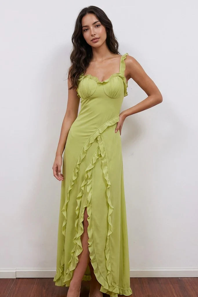 Enchanting Sage Green Mermaid Prom Dress with Sweetheart Neck, Ruffle Straps and Asymmetrical Hem