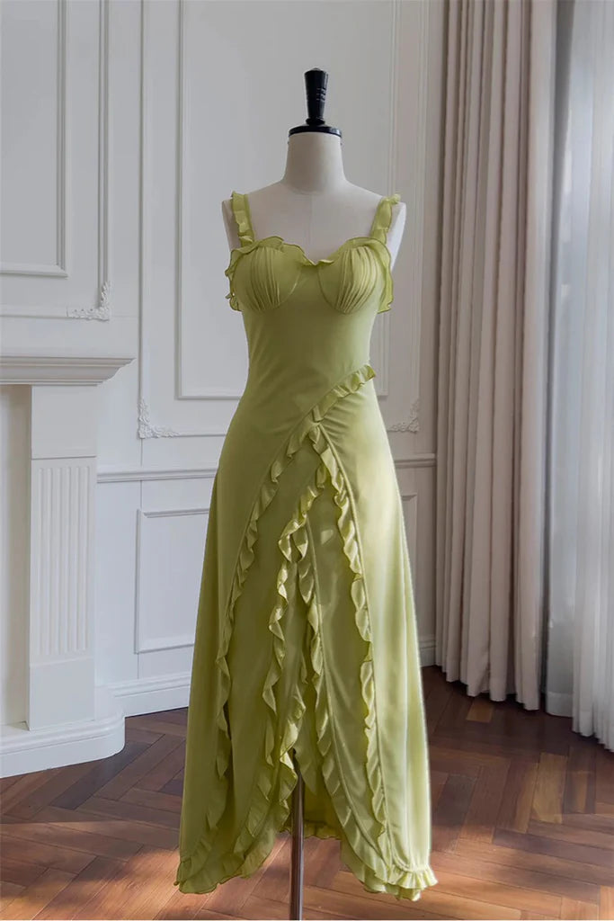 Enchanting Sage Green Mermaid Prom Dress with Sweetheart Neck, Ruffle Straps and Asymmetrical Hem