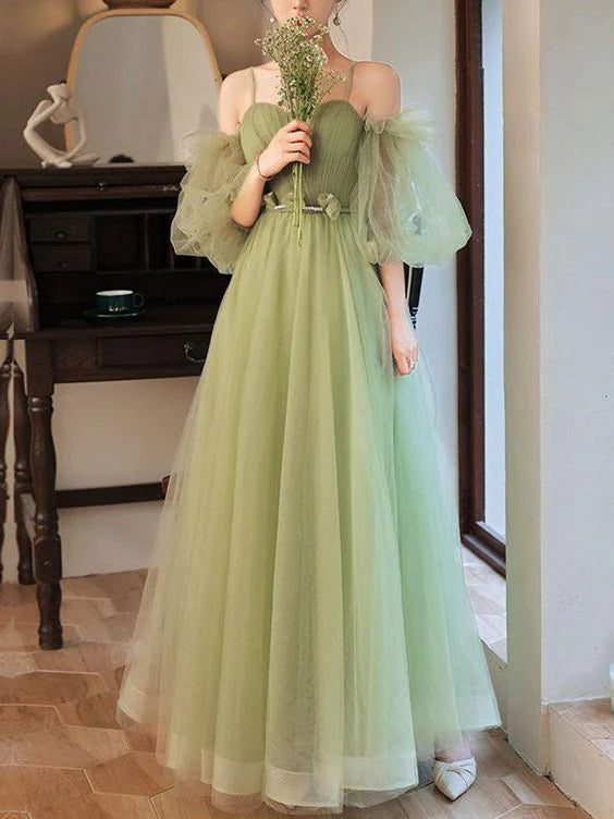 Enchanting Tulle Prom Dresses with Off-the-Shoulder Puff Sleeves, Lace-Up Back and Flowy A-Line Silhouette Formal Gown