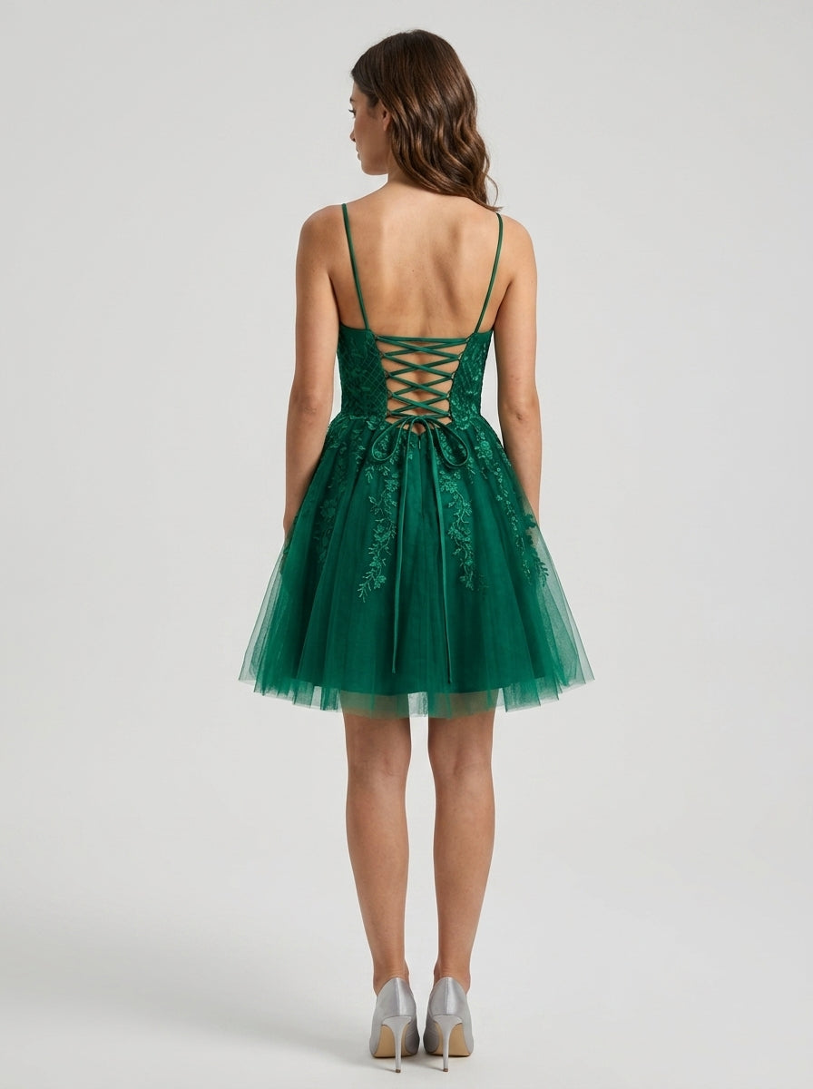 Enchanting A-Line V-Neck Spaghetti Strap Short Tulle Homecoming Dress