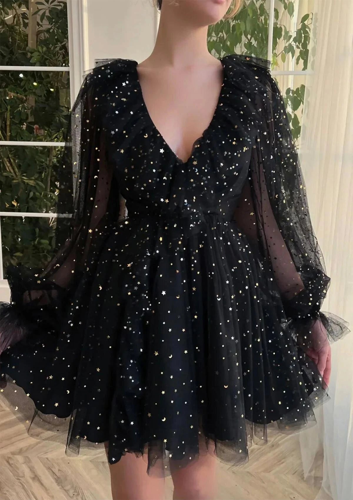 Enchanting Sparkly A-Line Plunging V-Neck Sheer Long Sleeve V-Back Short Mini Homecoming Dresses