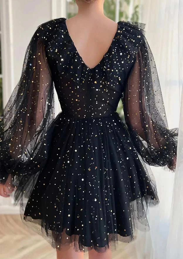 Enchanting Sparkly A-Line Plunging V-Neck Sheer Long Sleeve V-Back Short Mini Homecoming Dresses