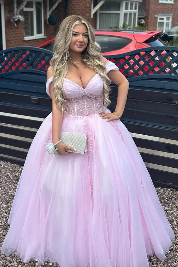 Enchanting off-the-shoulder tulle ball gown with lace appliqué and voluminous skirt