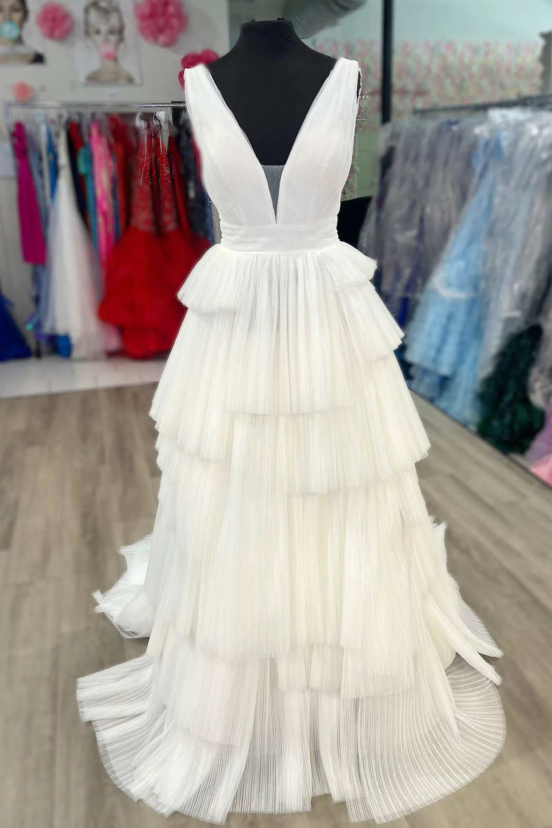Ethereal A-Line V-Neck Sleeveless Tiered Tulle Floor-Length Prom Dress