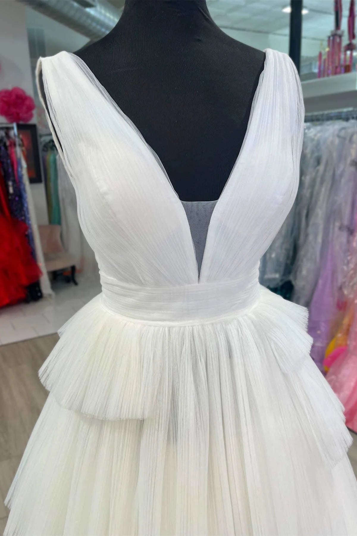 Ethereal A-Line V-Neck Sleeveless Tiered Tulle Floor-Length Prom Dress