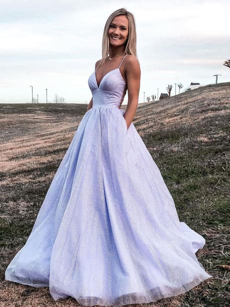 Ethereal Lilac Glitter Tulle Spaghetti Strap Crisscross Backless A-Line Maxi Evening Dress with Pockets