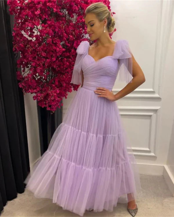 Ethereal Lilac Tulle Sweetheart Neck Ruffle Shoulder Tiered Maxi Evening Dress for Formal Events & Weddings