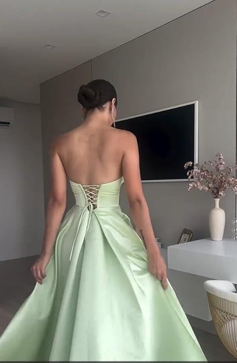 Ethereal Mint Green Satin Strapless Sweetheart Cut-Out A-Line High-Slit Maxi Evening Dress