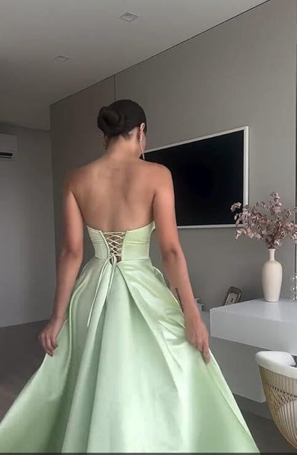 Ethereal Mint Green Satin Strapless Sweetheart Cut-Out A-Line High-Slit Maxi Evening Dress