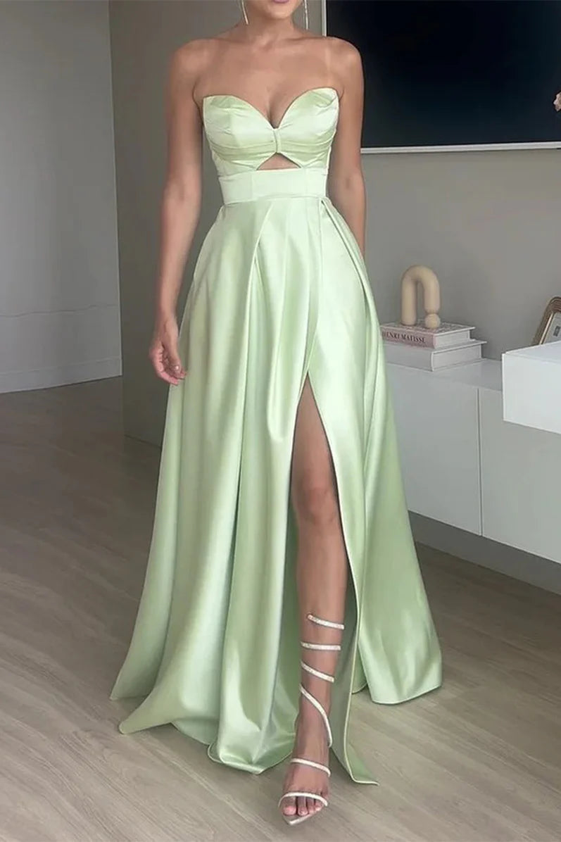 Ethereal Mint Green Satin Strapless Sweetheart Cut-Out A-Line High-Slit Maxi Evening Dress