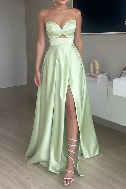 Ethereal Mint Green Satin Strapless Sweetheart Cut-Out A-Line High-Slit Maxi Evening Dress