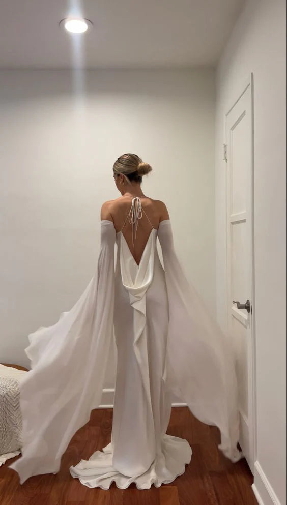 Ethereal Satin Prom Dresses with Off-the-Shoulder Cape Sleeves, Cowl Back Tie and Flowing Mermaid Silhouette Formal Gown