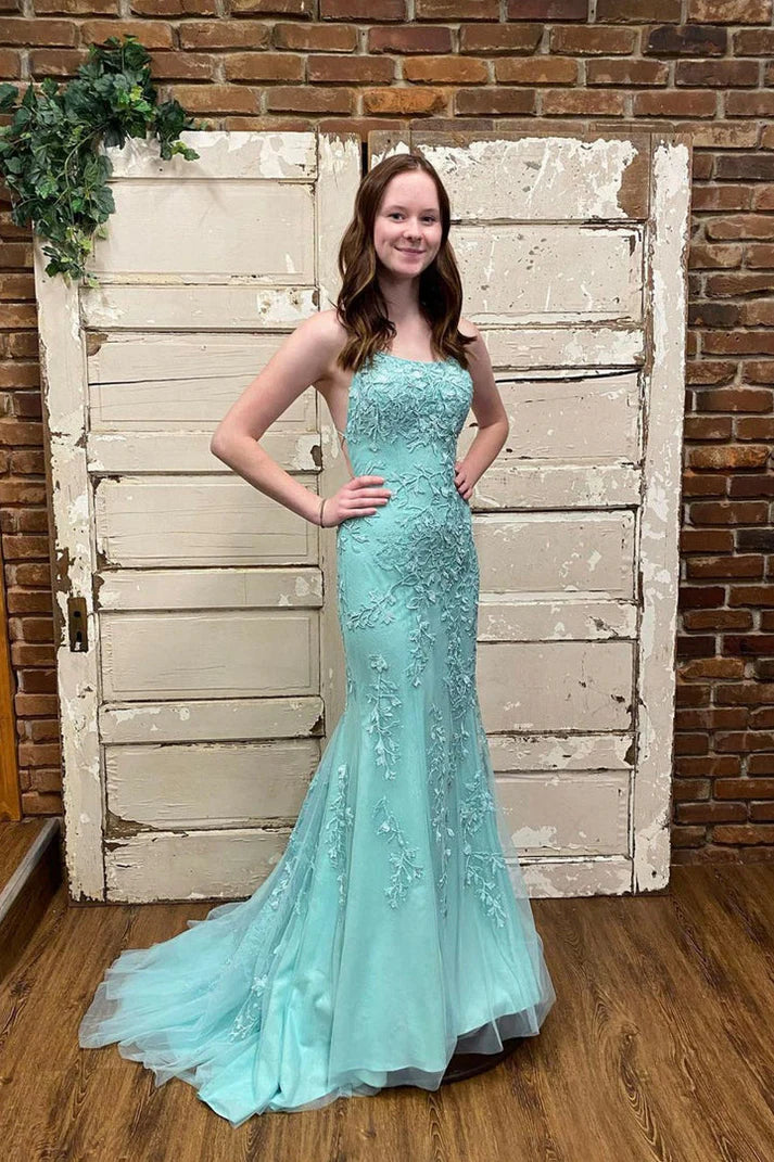Ethereal Sky Blue Strapless 3D Floral Lace Crisscross Lace-up Back Mermaid Floor-length Train Evening Dresses