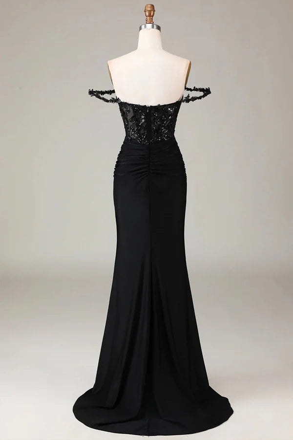 Exquisite Prom Dress with Off-the-Shoulder Neckline, Lace Applique and Mermaid Train