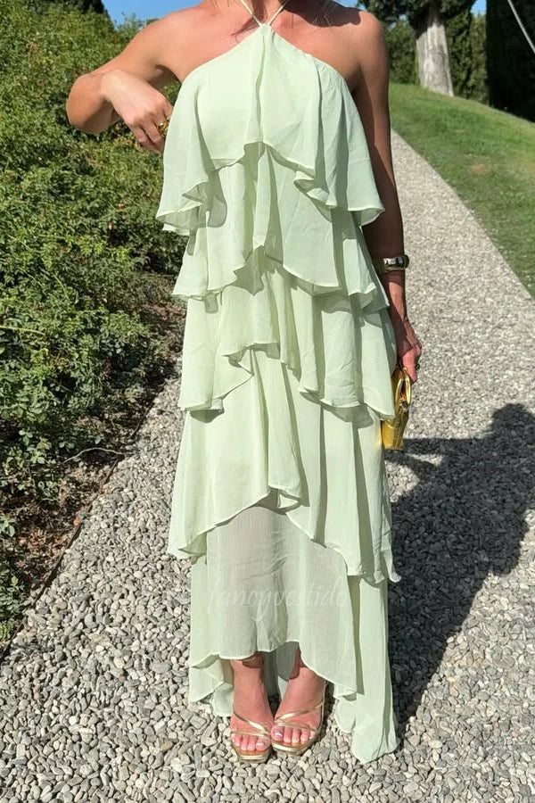 Light Green Halter Neck Tiered Ruffle Chiffon Prom Dress