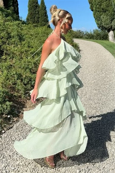 Light Green Halter Neck Tiered Ruffle Chiffon Prom Dress