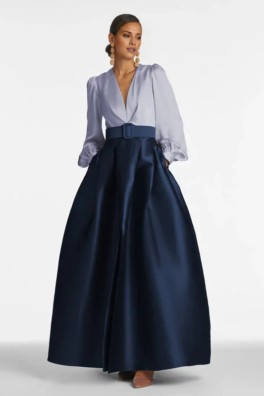 Fashion V Neck Satin Puff Sleeve Belted A-Line Floor-Length Evening Dress