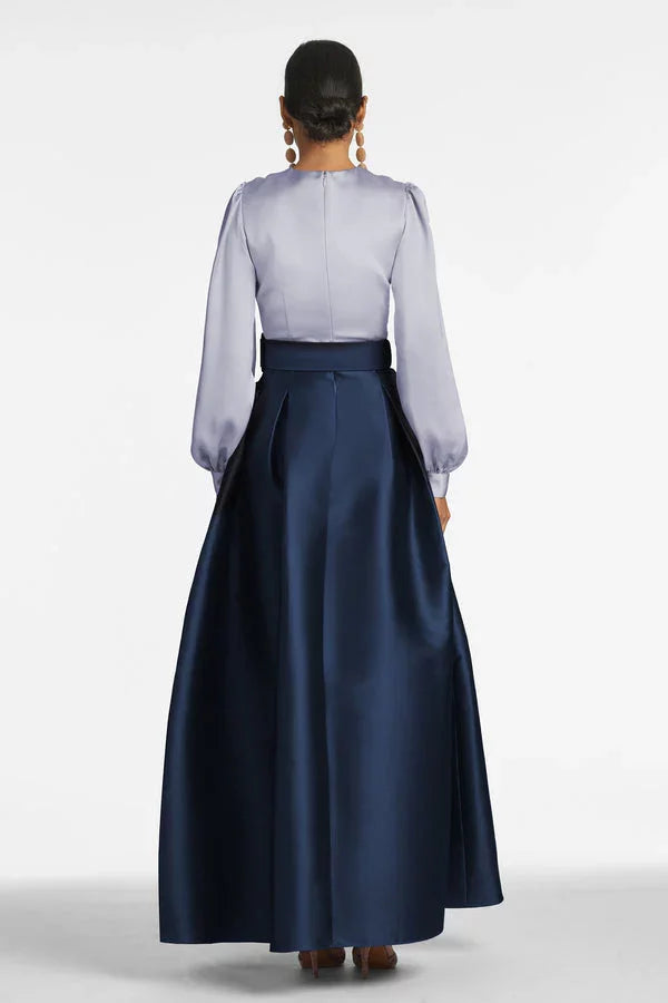 Fashion V Neck Satin Puff Sleeve Belted A-Line Floor-Length Evening Dress