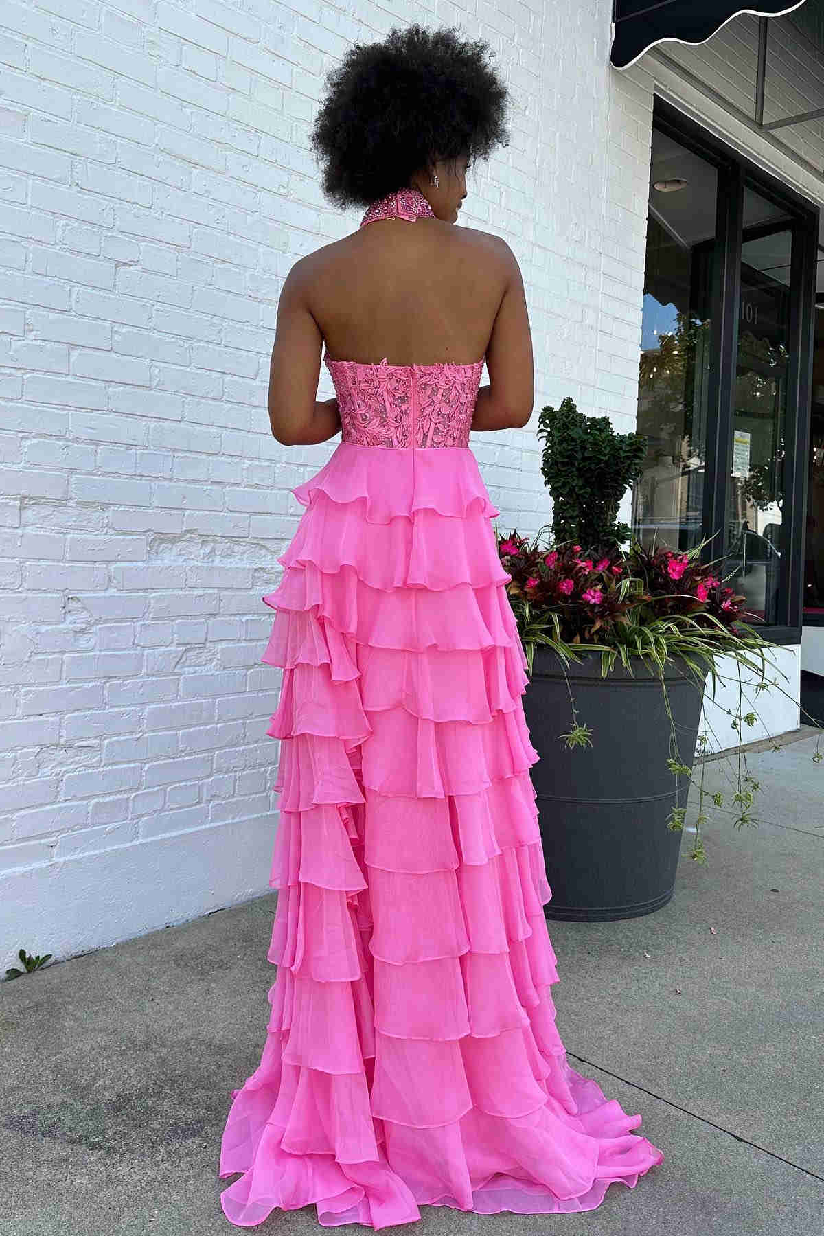 Feminine A-Line Halter Floral Lace Multi-Tiered Chiffon Floor-Length Prom Dress