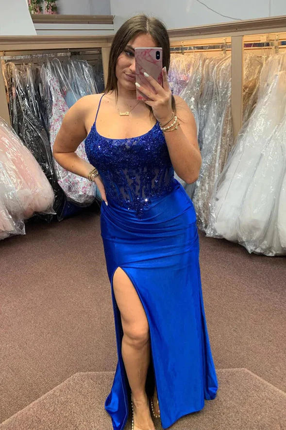 Feminine Sequin-Embellished Boat Neck Spaghetti-Strap Ruched High-Slit Floor-Length Evening Dress