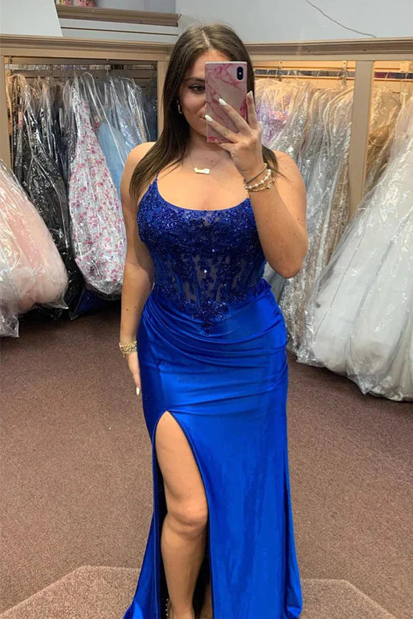 Feminine Sequin-Embellished Boat Neck Spaghetti-Strap Ruched High-Slit Floor-Length Evening Dress