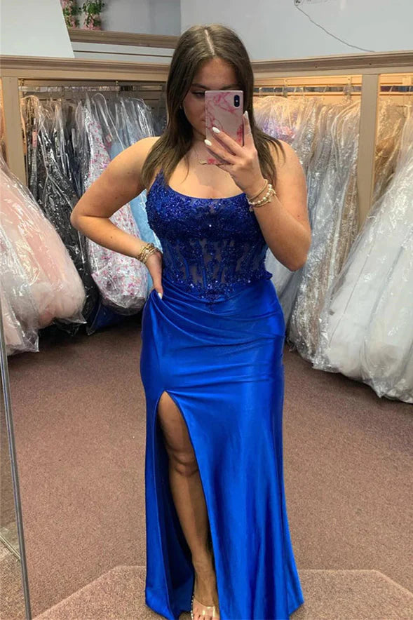 Feminine Sequin-Embellished Boat Neck Spaghetti-Strap Ruched High-Slit Floor-Length Evening Dress