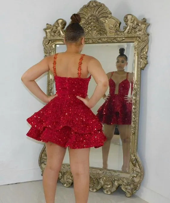 Fiery A-Line Plunge-V Beaded-Strap All-Sequin Double-Tier-Ruffle Mini Homecoming Dress