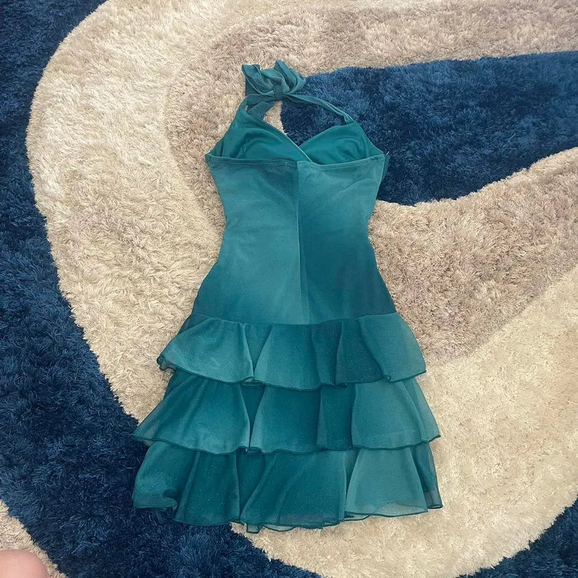 Flirty Sheath Halter-Neck Tiered-Ruffle Chiffon Mini Homecoming Dress