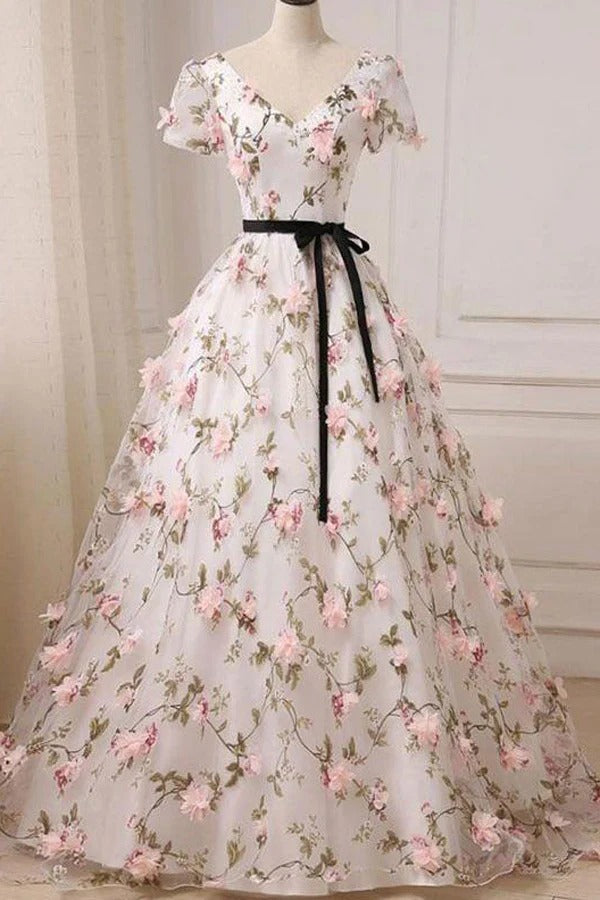 Floral 3D Applique Tulle Ball Gown with Black Ribbon Belt