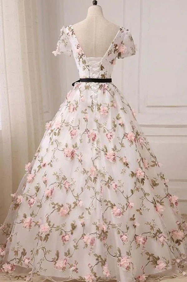 Floral 3D Applique Tulle Ball Gown with Black Ribbon Belt