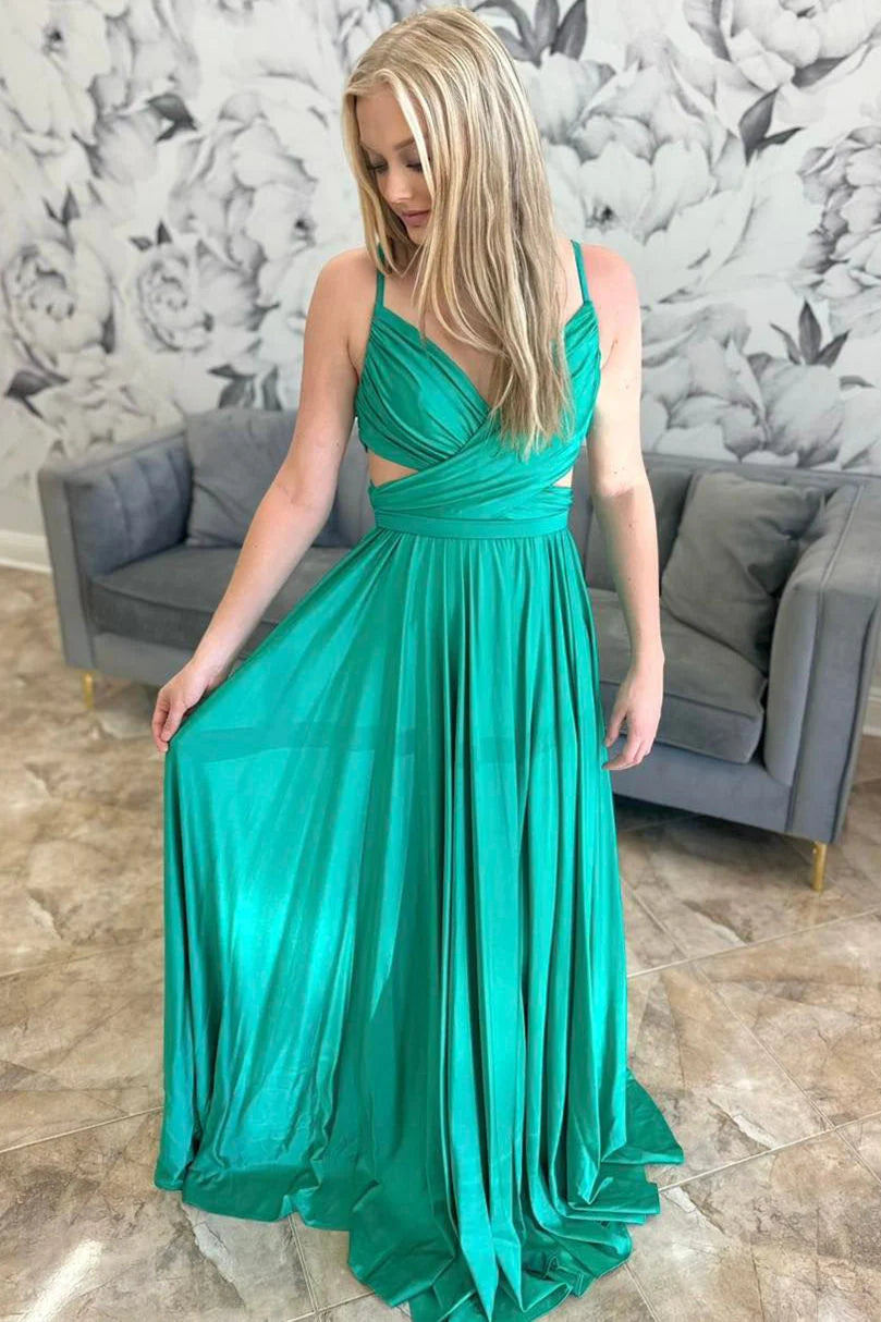 Flowy A-Line V-Neck Spaghetti-Strap Cut-Out Floor-Length Prom Dress