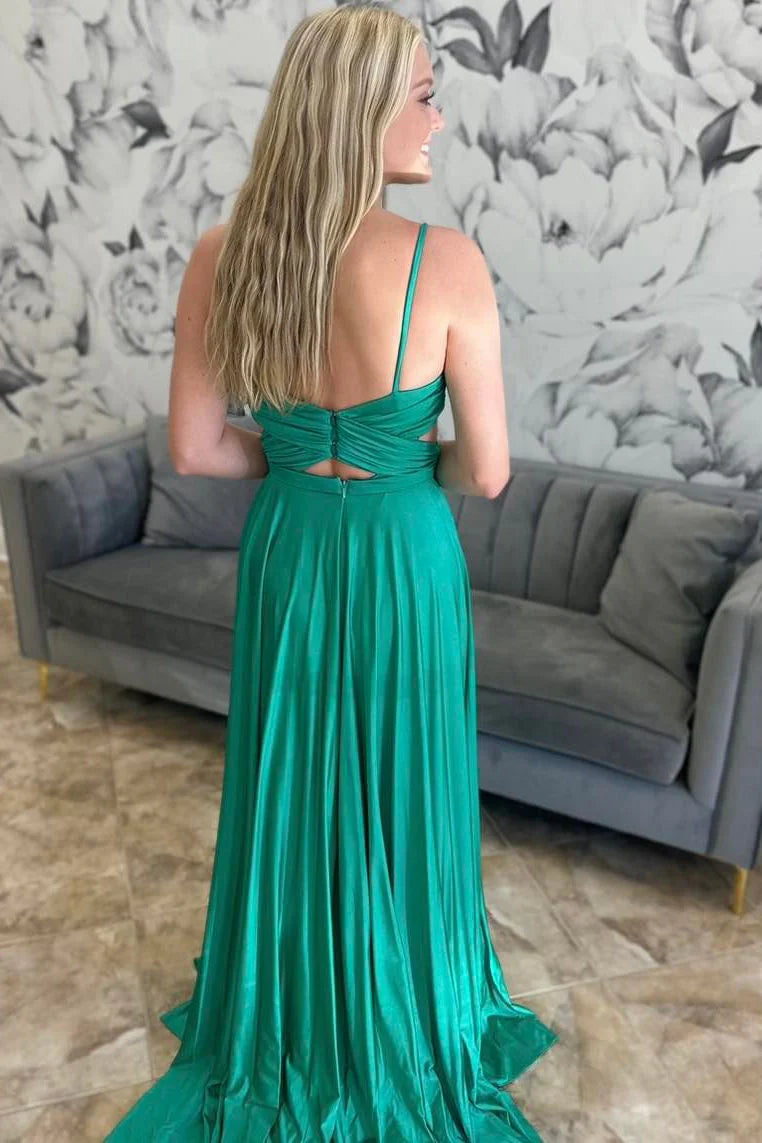 Flowy A-Line V-Neck Spaghetti-Strap Cut-Out Floor-Length Prom Dress