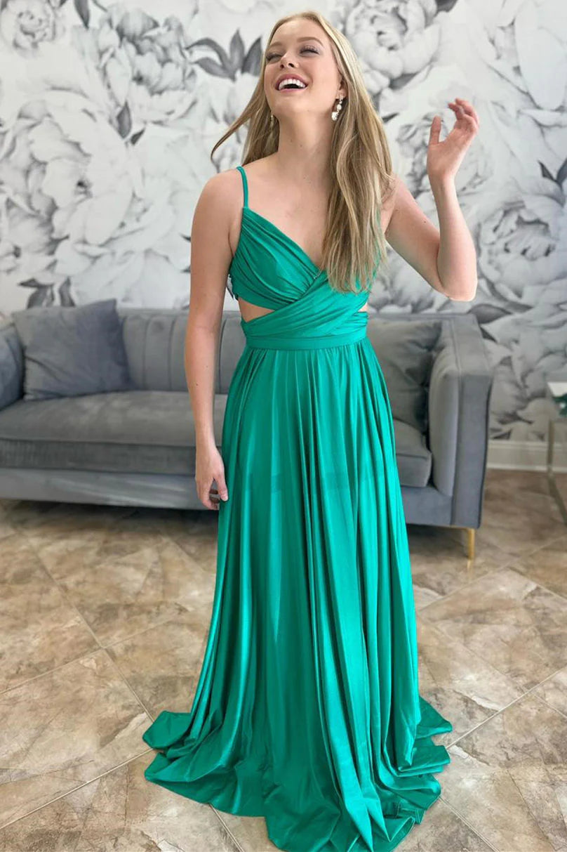 Flowy A-Line V-Neck Spaghetti-Strap Cut-Out Floor-Length Prom Dress